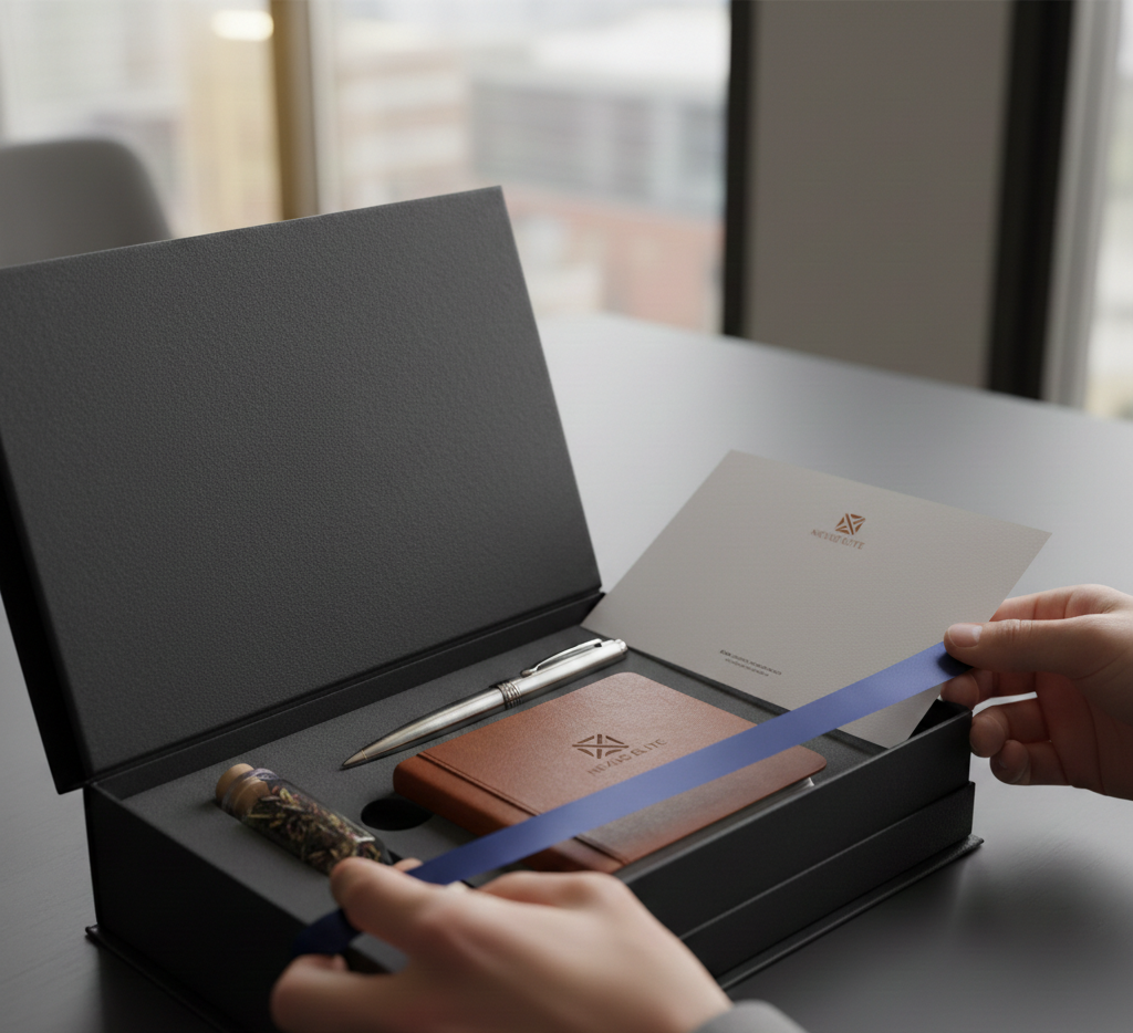 Hands opening a premium unbranded gift box with curated items as part of a customer loyalty gifting experience
