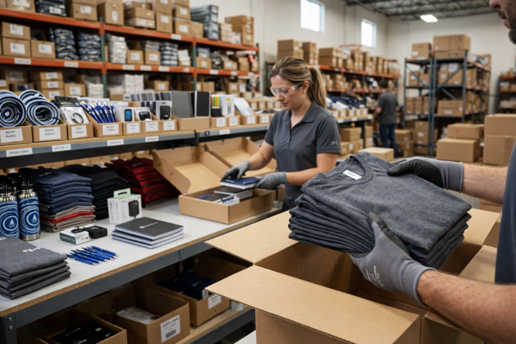 Employees assembling branded merchandise kits in a corporate swag fulfillment warehouse.