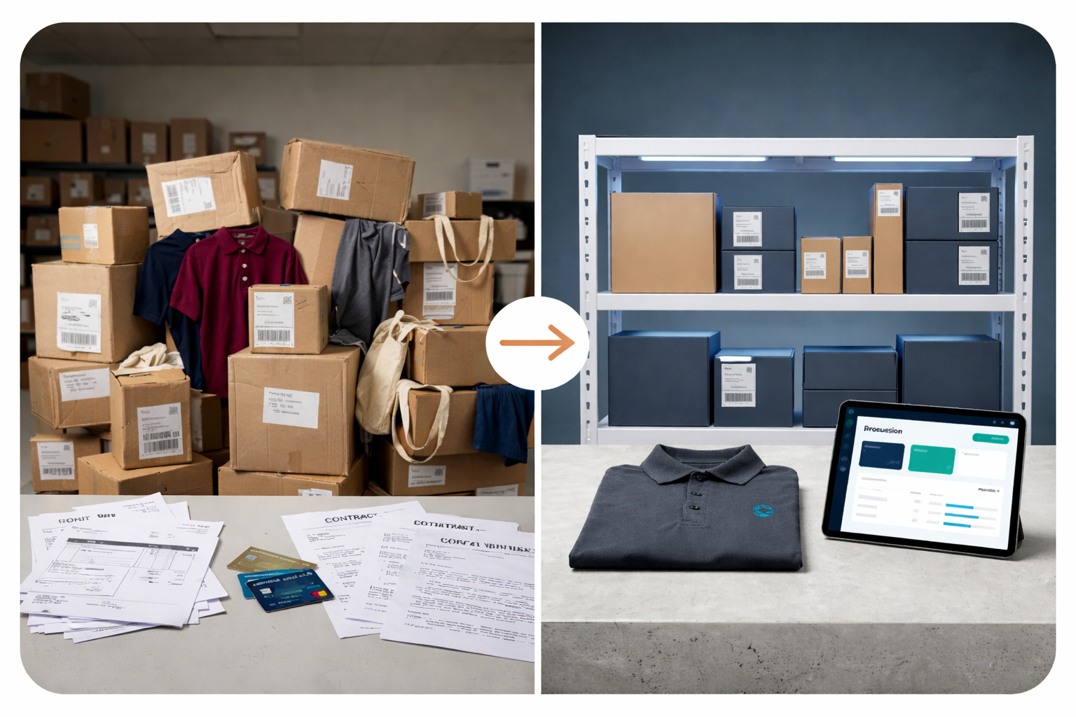 Visual comparison of vendor sprawl with disorganized suppliers versus centralized vendor consolidation and inventory management system.