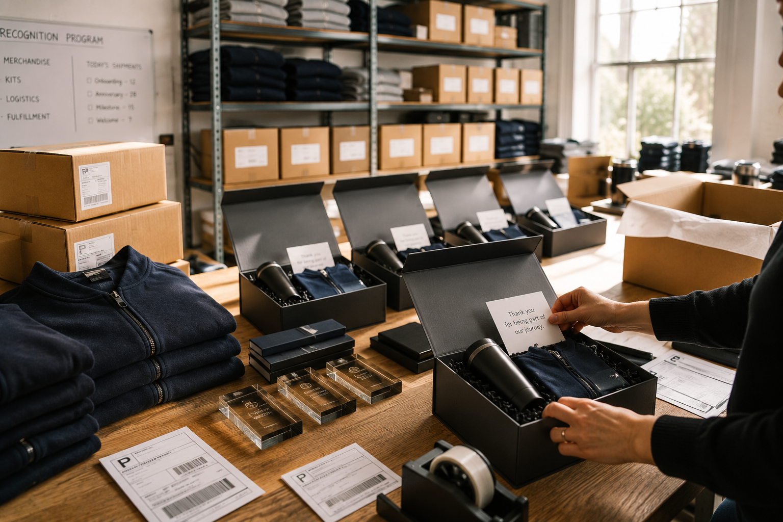 Employee recognition kits being assembled and prepared for shipment in a fulfillment workspace.