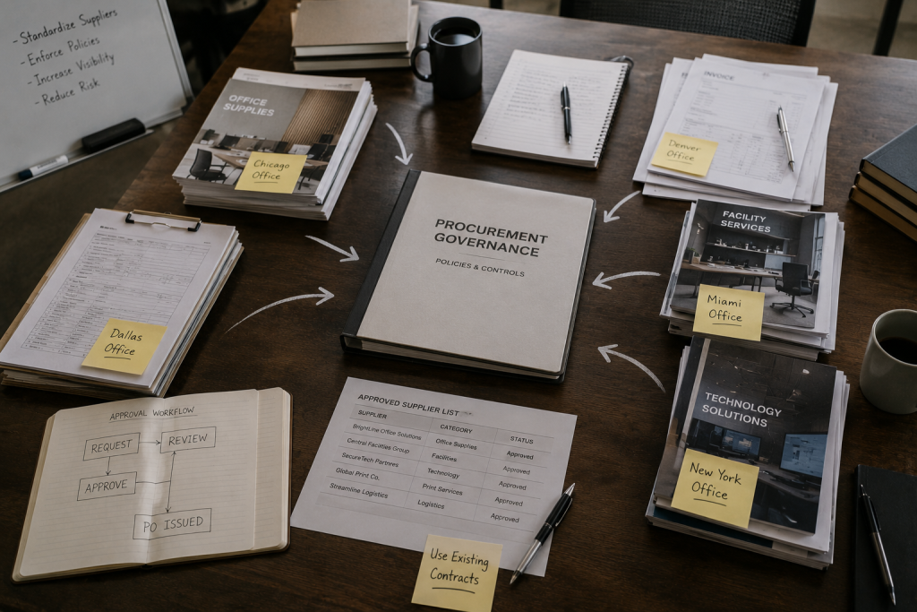 Procurement documents from multiple regional offices organized around a centralized governance framework.