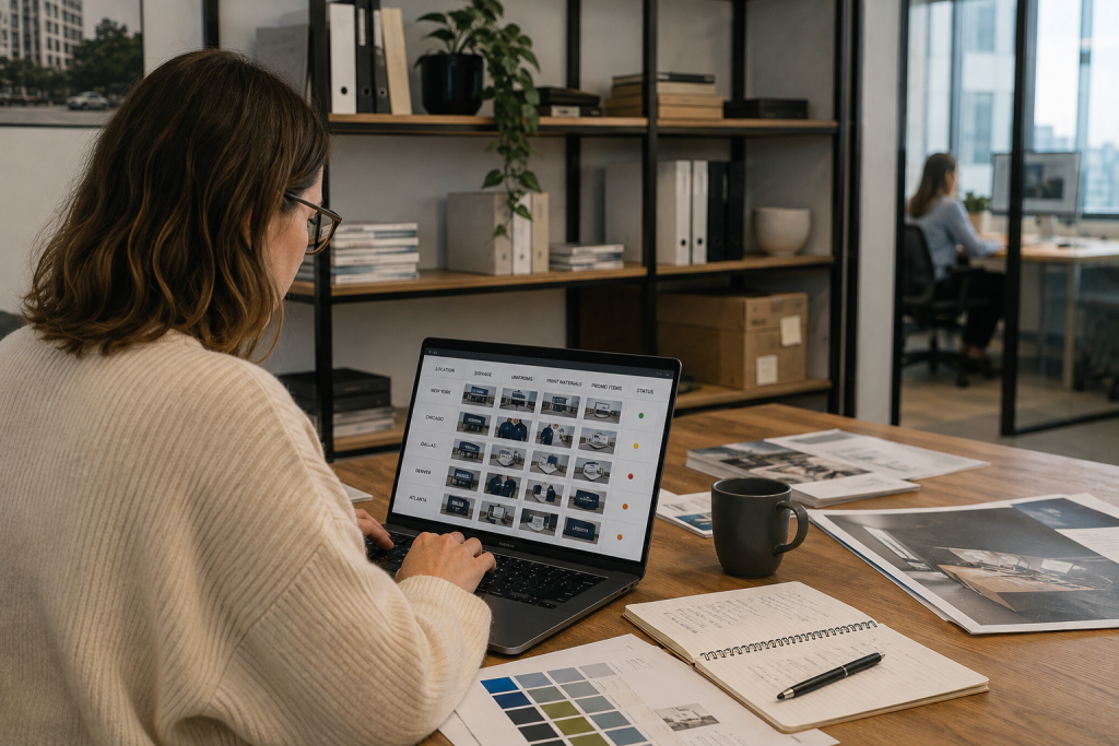 Marketing professional managing brand materials and standards across multiple locations.