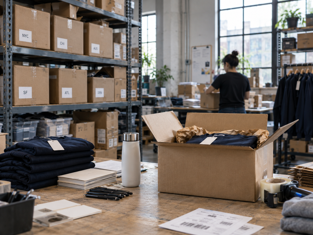 Branded merchandise being packed and organized for distribution across multiple office locations.
