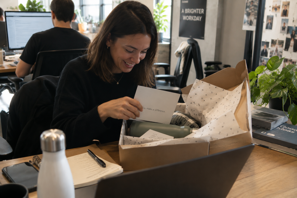 Employee reading an appreciation card from an open gift box at her office desk.