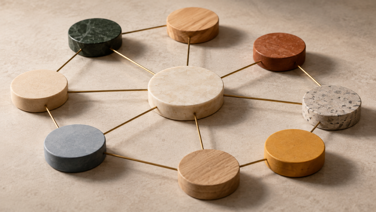 Abstract network of interconnected geometric elements representing a scalable employee recognition strategy across teams and locations.
