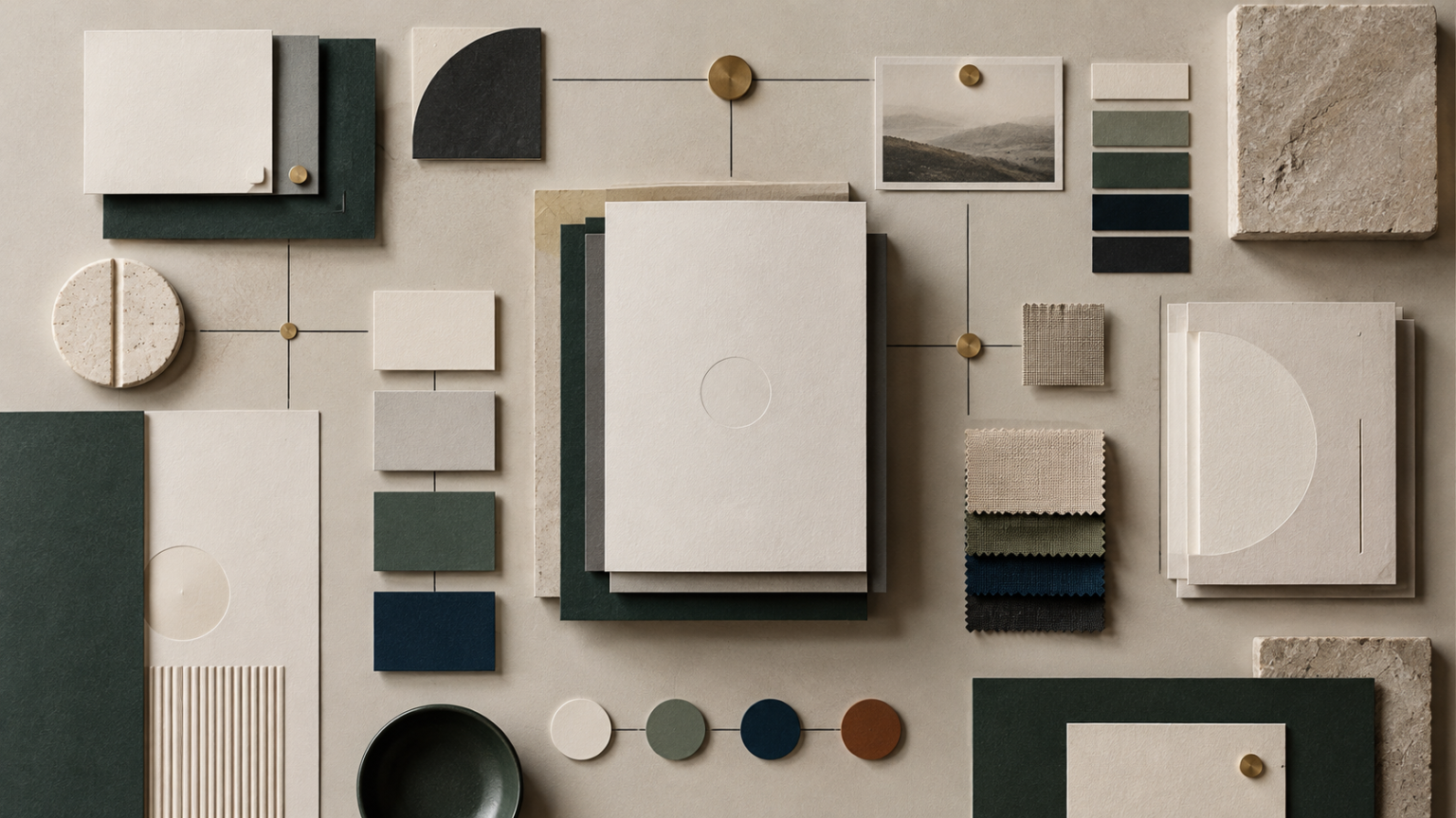Abstract arrangement of brand materials, color swatches, and design elements representing brand asset management and consistency.
