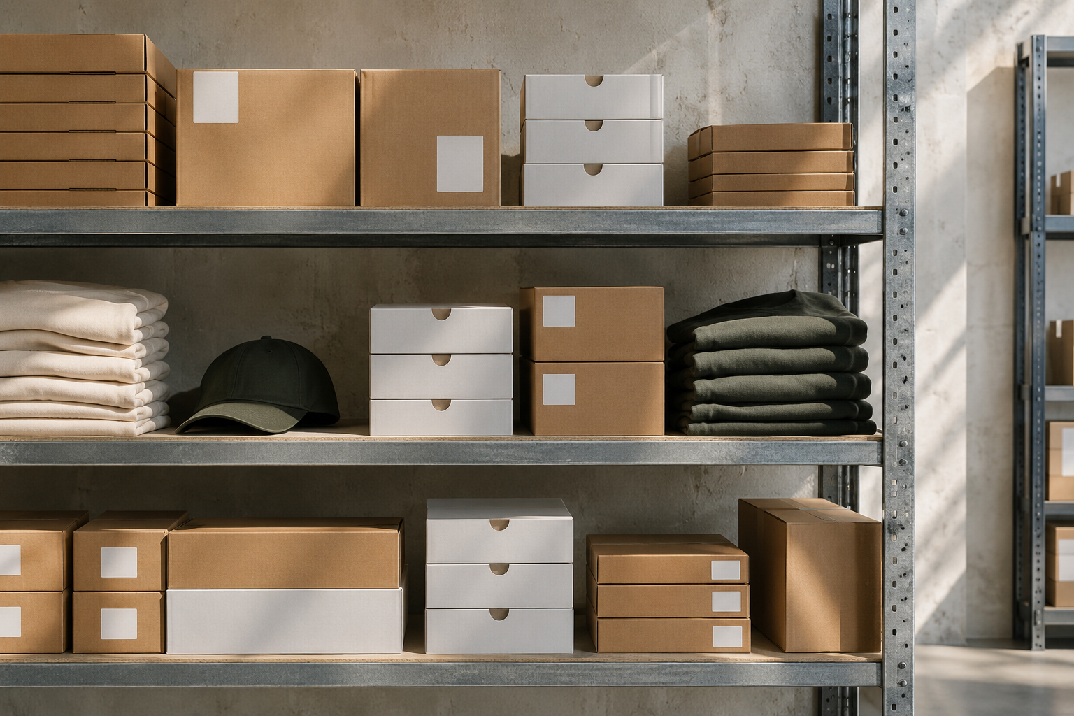 Organized warehouse shelves with cardboard boxes and folded apparel, representing inventory and fulfillment for a corporate company store.