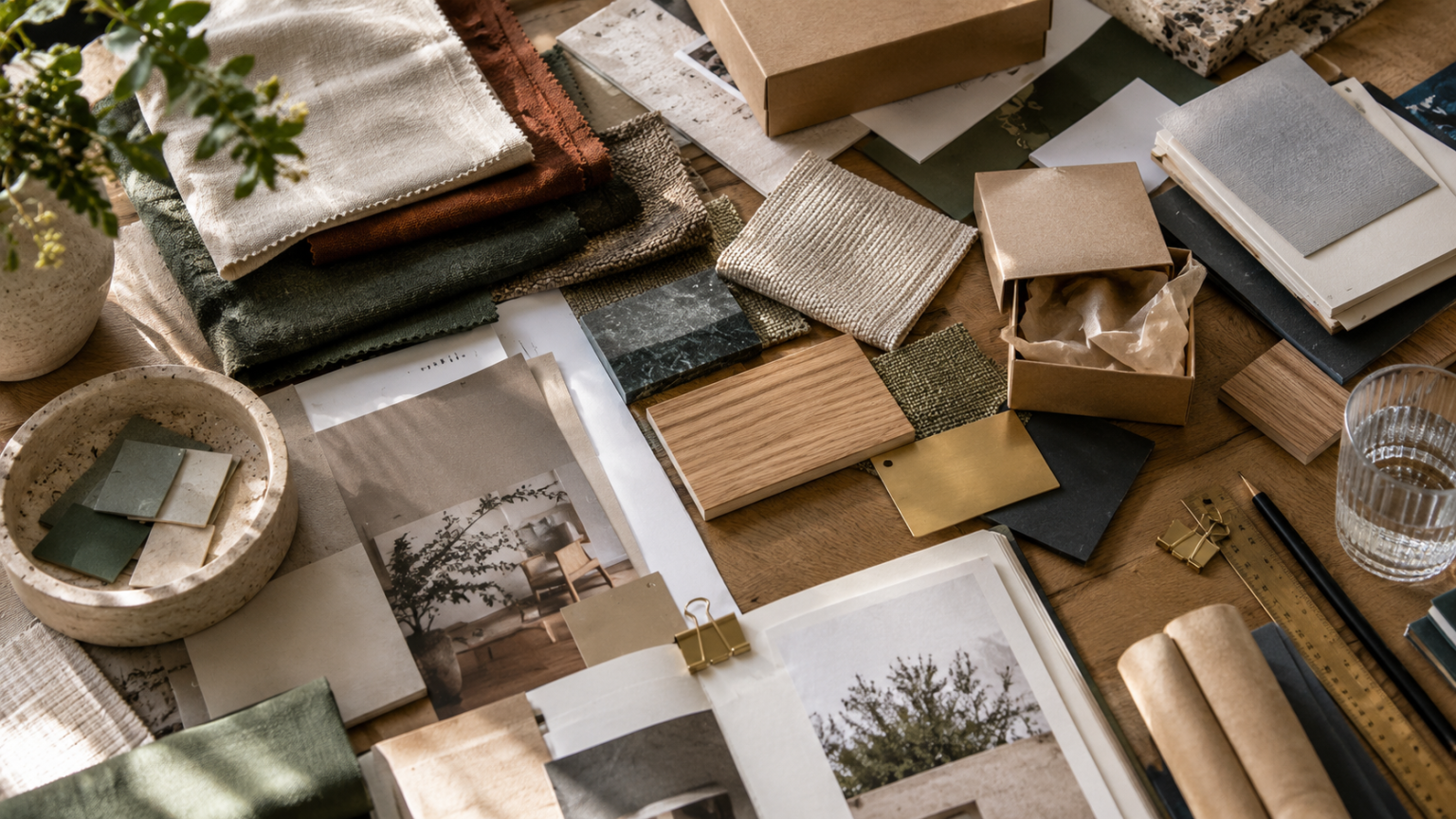 Assorted fabric swatches, paper samples, and material finishes arranged on a workspace, representing vendor management and supplier coordination.